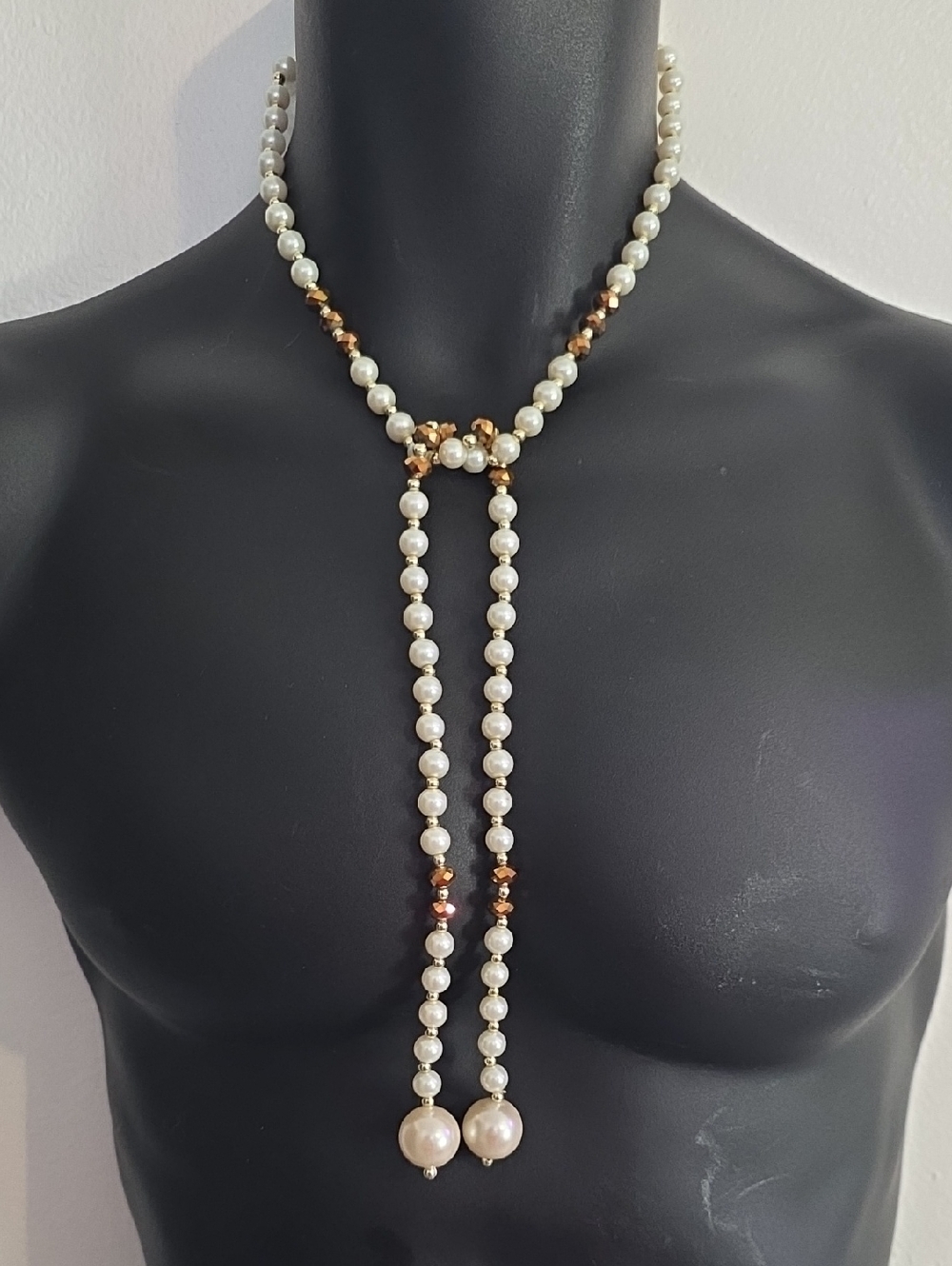 Pearl Lariat Necklace with Gold Accents - White